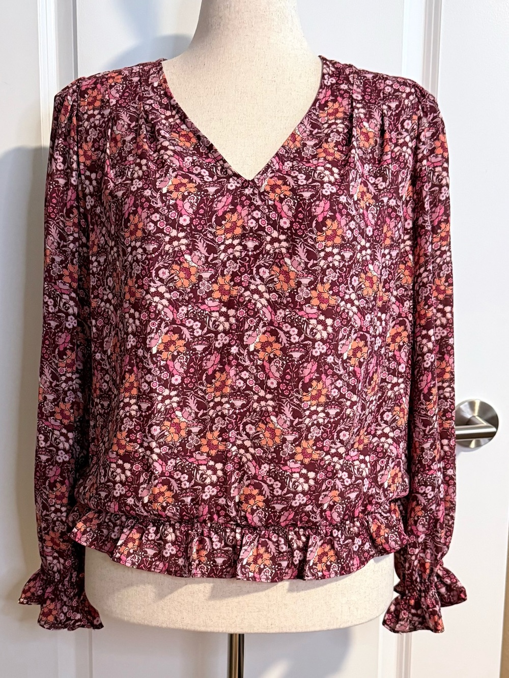 🆕 NWT Chenault | Women’s L | Wine Blush Floral Peasant Top Blouse 3/4 Sleeves - Picture 3 of 8